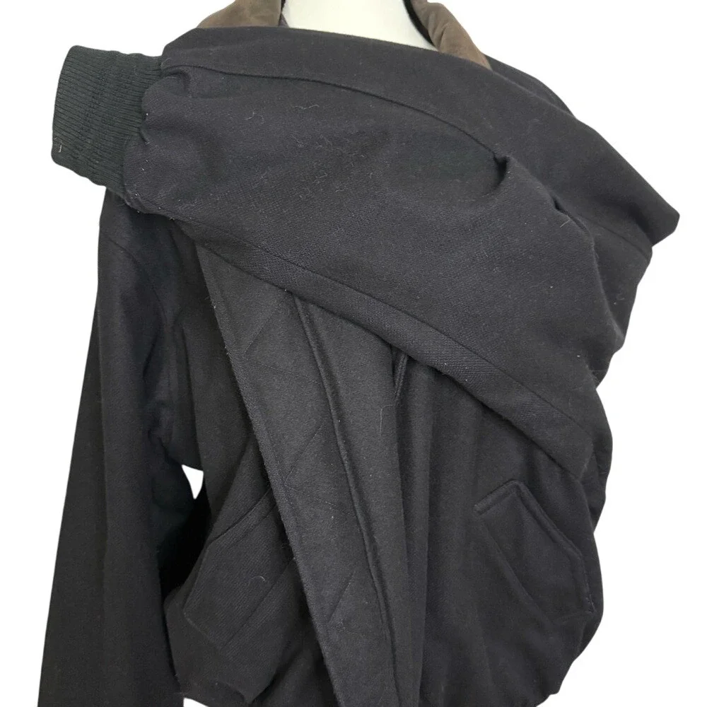 Gant Black Gray Wool Bomber Jacket Coat Leather Collar‎ XL Preppy Classic